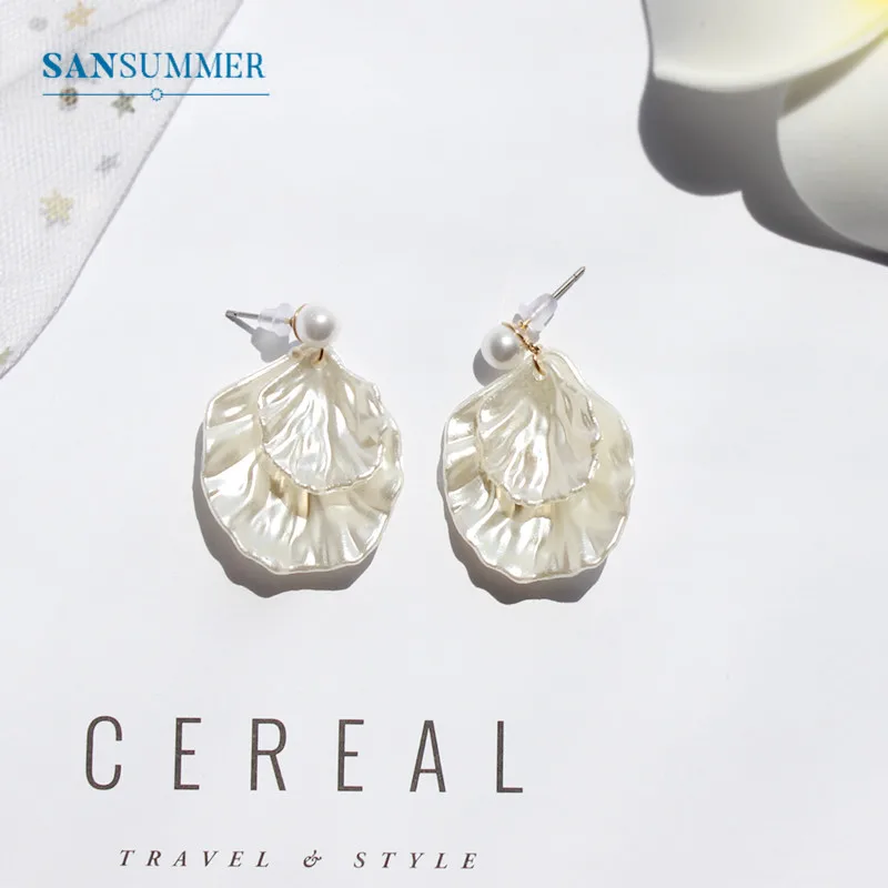SANSUMMER, висячие серьги, популярные, простые, натуральный размер, двойная раковина, серьги с жемчугом, модные женские трендовые серьги, сделай сам 6642
