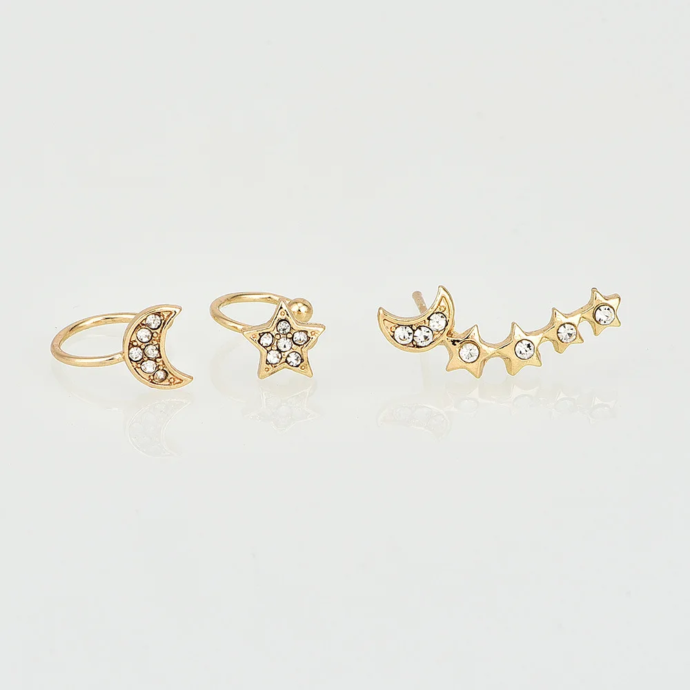 Golden Модные женские серьги-гвоздики с новым узором в виде звезд, Луны, ушей для ногтей, панк-манжет, серьги-гвоздики для женщин, ювелирные аксессуары для вечеринок - Окраска металла: Golden