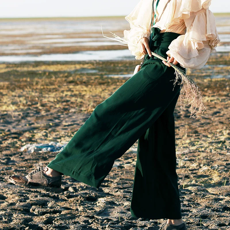 MX228 Autumn 2017 new arrivals vintage belted women high waist wide leg pants | Женская одежда