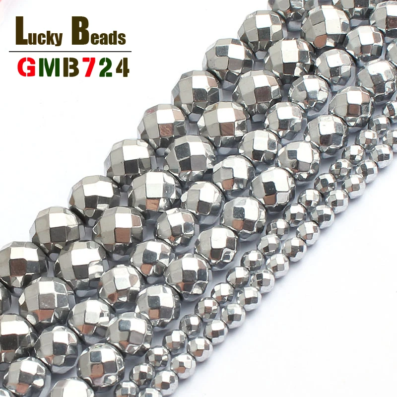 Natural Silver Plated Faceted Hematite Stone Beads For Jewelry Making 15 inches 2/3/4/6/8/10mm Round Spacer Diy | Украшения и