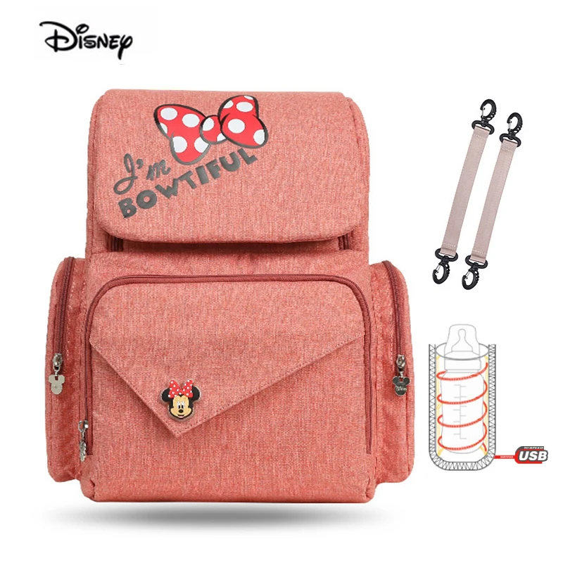 Розовый Disney Minnie Новая Мумия пеленки сумка мода двойной плечо водонепроницаемый Мать сумка для детских подгузников USB теплее материнства рюкзак - Цвет: Розовый