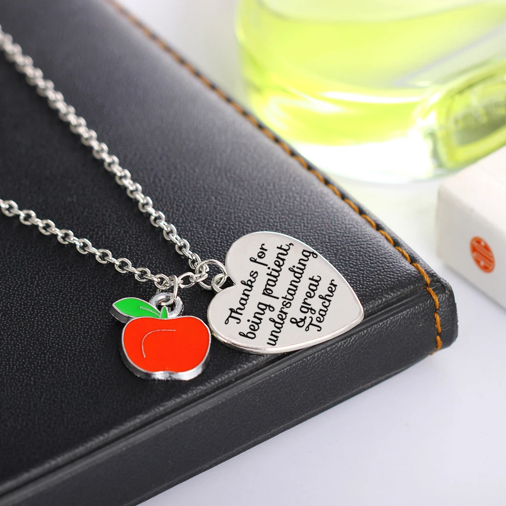 

12PC/Lot Thanks For Being Patient Understanding&Great Teacher Apple Love Heart Pendant Chain Necklace For Teachers Jewelry Gifts