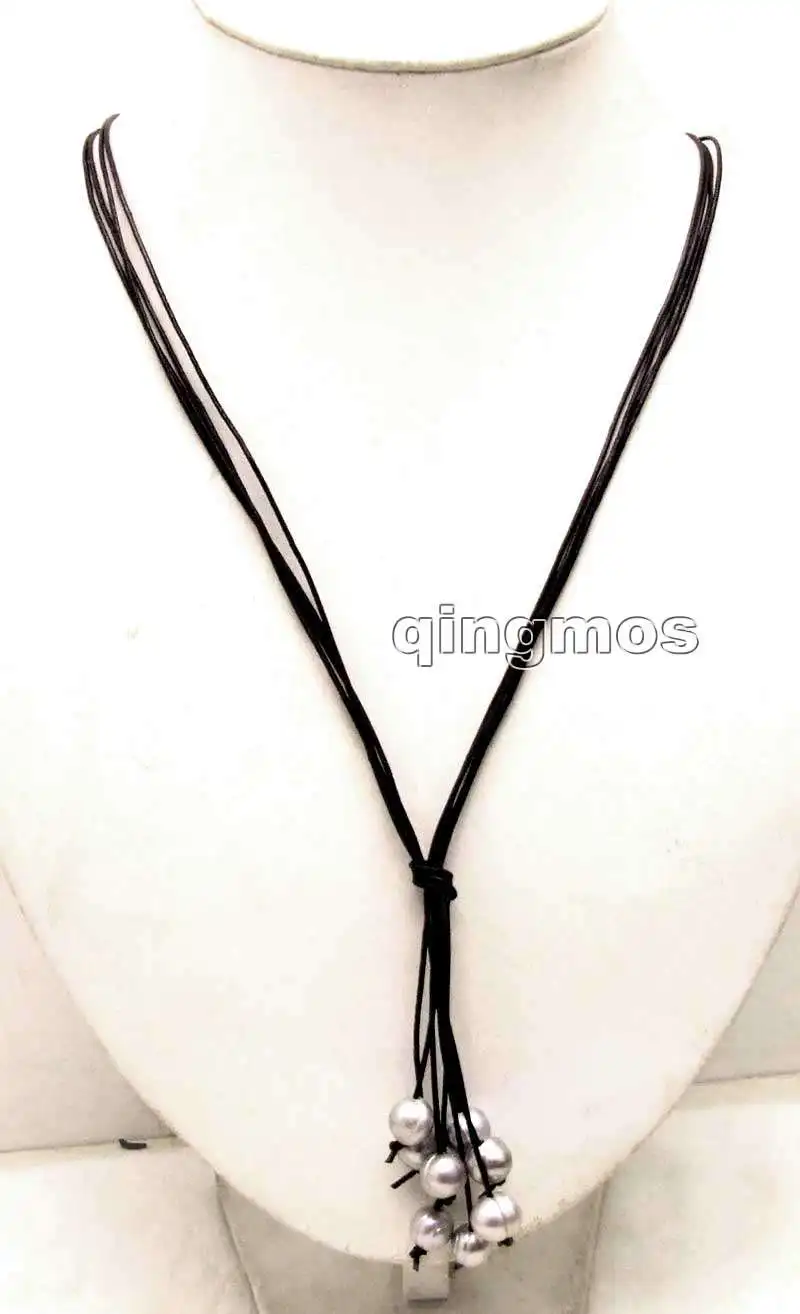 

Big 10-11mm Gray Potato Natural Freshwater Pearl & Black Leather 4 strands 32" Long Necklace-nec6149 Wholesale/retail Free ship