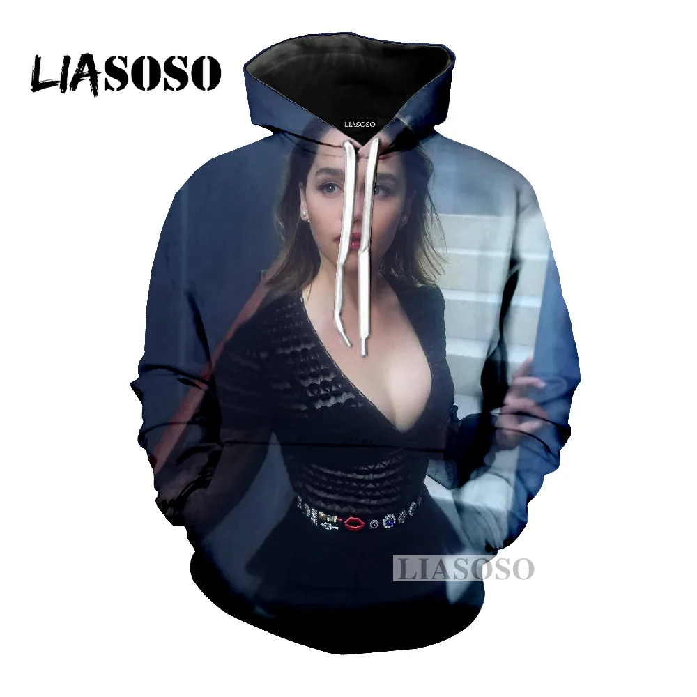 LIASOSO Последняя мода толстовка актер Эмилия Кларк для мужчин и женщин с капюшоном