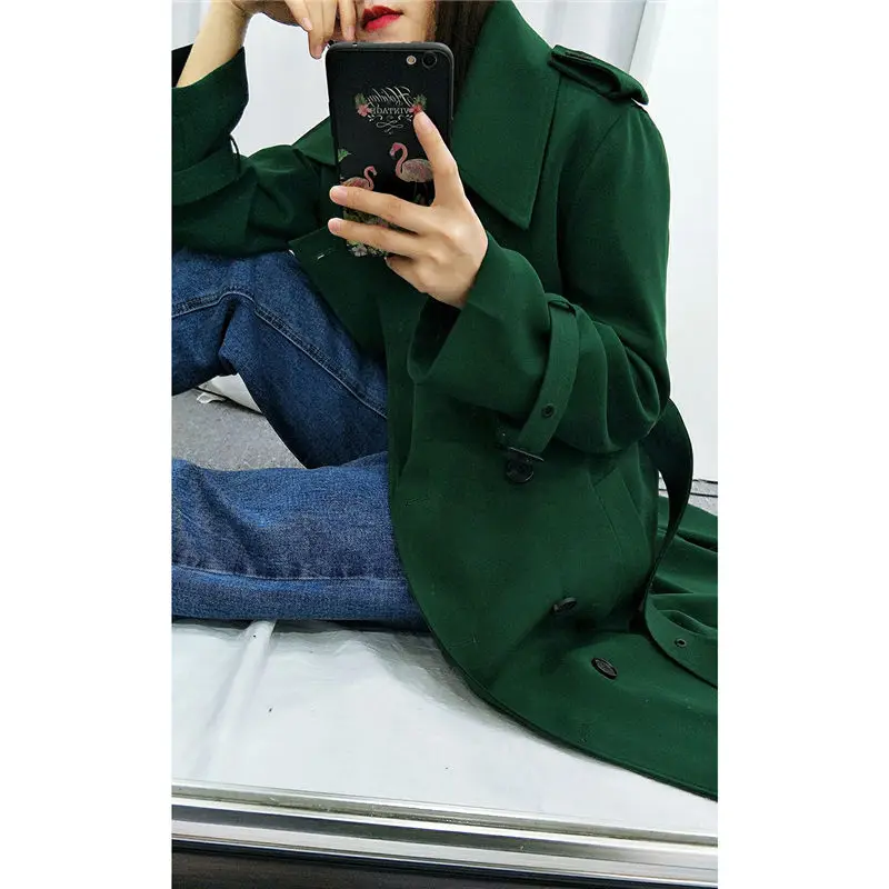 Autumn Fashion Double-breasted Green Windbreaker Korean Casual Jacket Basic Belt Long Coat For Office Ladies Overcoat f1081