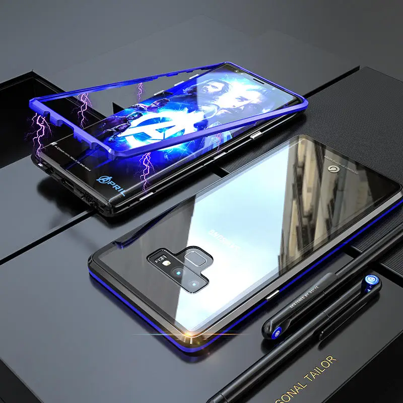 Магнитный чехол для samsung Galaxy Note 9, чехол, металлический бампер+ прозрачное стекло, Жесткий Чехол для samsung Galaxy Note 9, чехол S8Plus S 8 - Цвет: Black and Blue