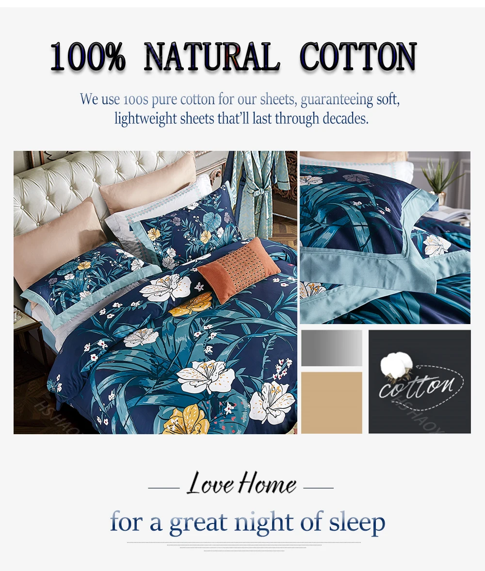 High Density 100S Bedding Sets Navy Blue Plant 3D Flower Printed 4pcs Bed Linen Set Cotton Double Bedsheet Set Queen King Size