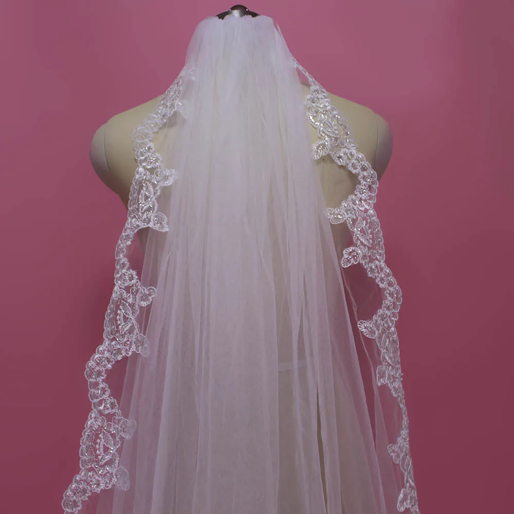 Настоящие фотографии 4 метра блестящая кружевная Длинная свадебная вуаль с