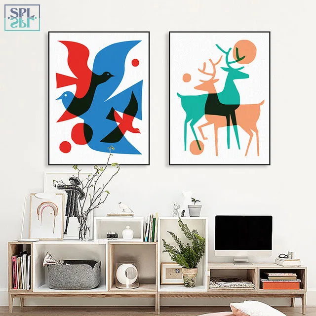 SPLSPL скандинавские Декоративные животные Холст Искусство Плакат олень птицы тени