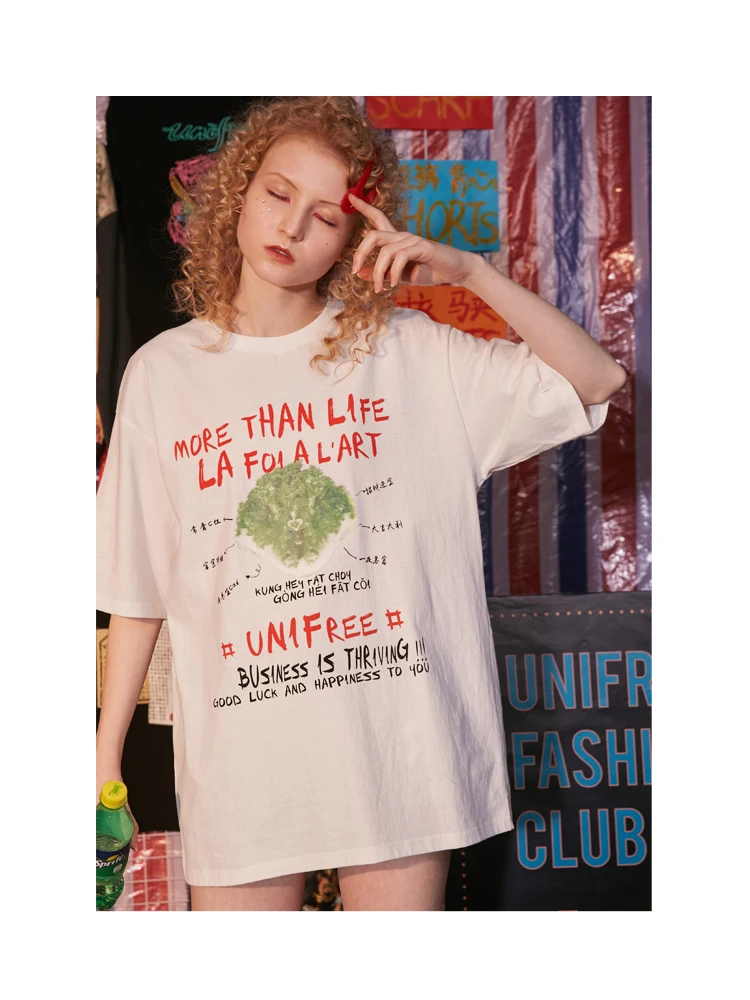 UNIFREE, летняя новинка, женское нижнее белье, футболка с коротким рукавом,, литературный, свободный, корейский стиль, топ, хлопок, UHT192G033
