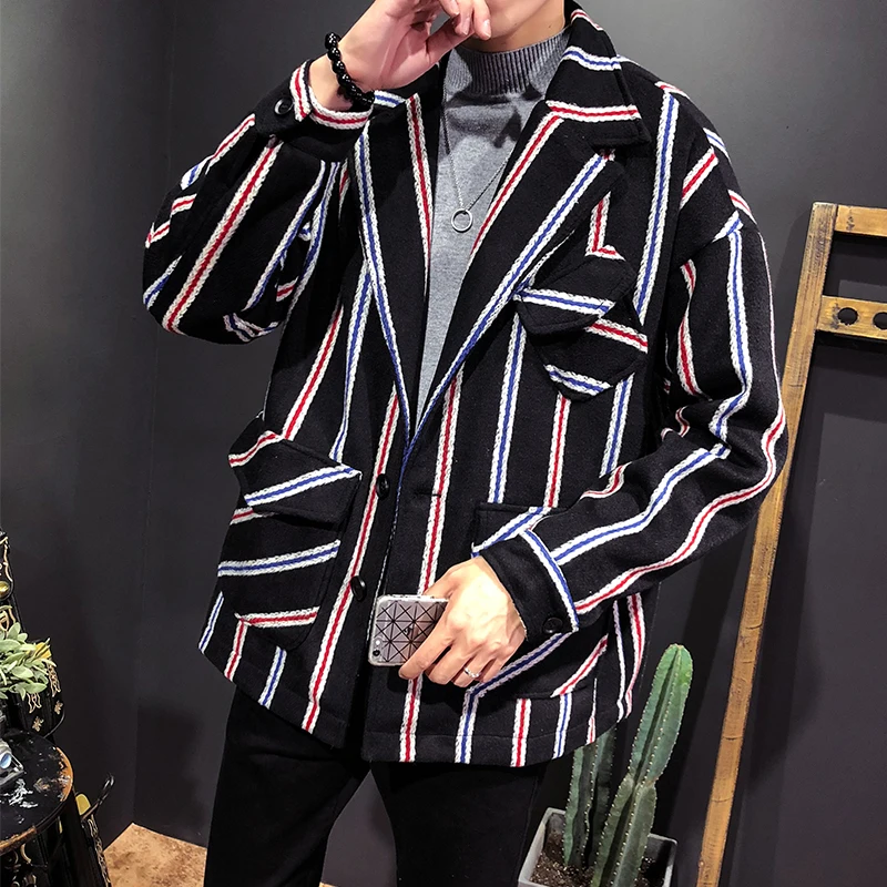 

Hot Striped Men's Jacket Spring Autumn Fashion Casual Turn Down Collar Youth Personality Streetwear Windbreaker Hip Hop Clothes