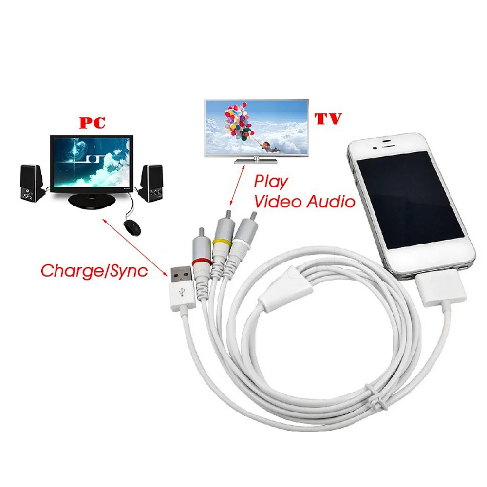 Высокое качество USB док-разъем для ТВ RCA видео композитный AV кабель адаптер для Apple iPad 2 3 для iPhone 3GS/4/4S/iPod#1