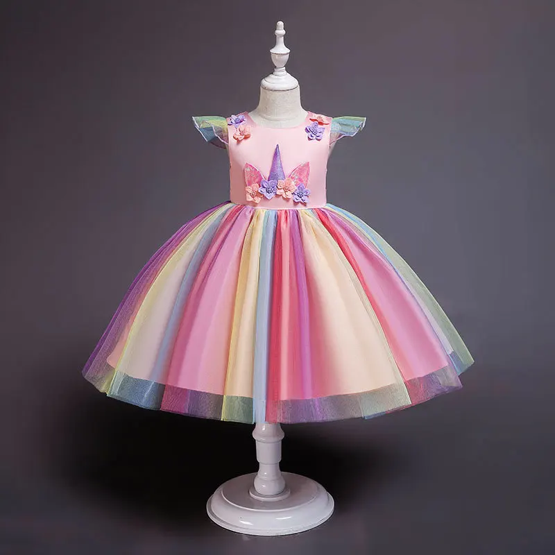 2019 Girls Unicorn Dress Children Cotton Flower Kids Tutu Wedding Princess Rainbow Outfits Costume | Детская одежда и обувь