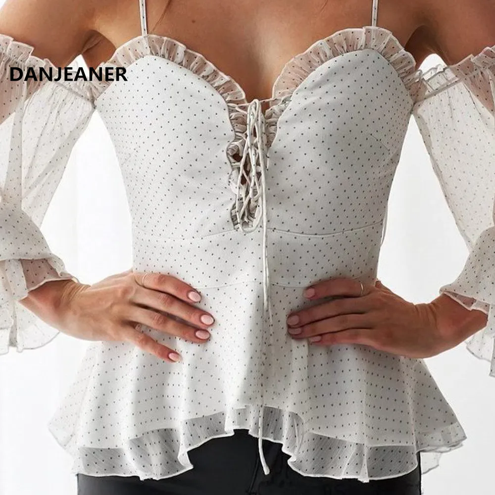 

DANJEANER, Сексуальная Блузка с открытыми плечами, v-образным вырезом, на шнуровке, в горошек, Женская винтажный буф, рукав, оборки, топы, женская р...