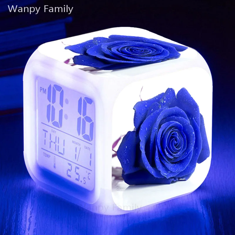 

Blue rose flower Alarm Clock Glowing LED Color Change Digital Alarm Clock Kids room Multi-fonction Electronic Watches Clock