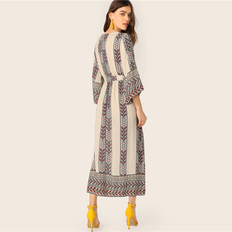 Sheinside Boho платье с v-образным вырезом и цветочным принтом для женщин летние прямые платья с высокой талией и поясом дамское платье с рукавом 3/4