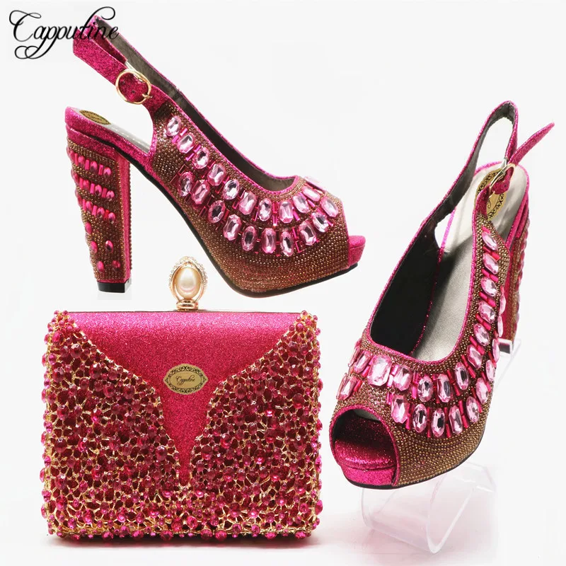 

Capputine Nigerian Ladies Shoes And Bag Set Decorated With Rhinestone Italian Hig Heels Shoes And Bag Set For Wedding Dress