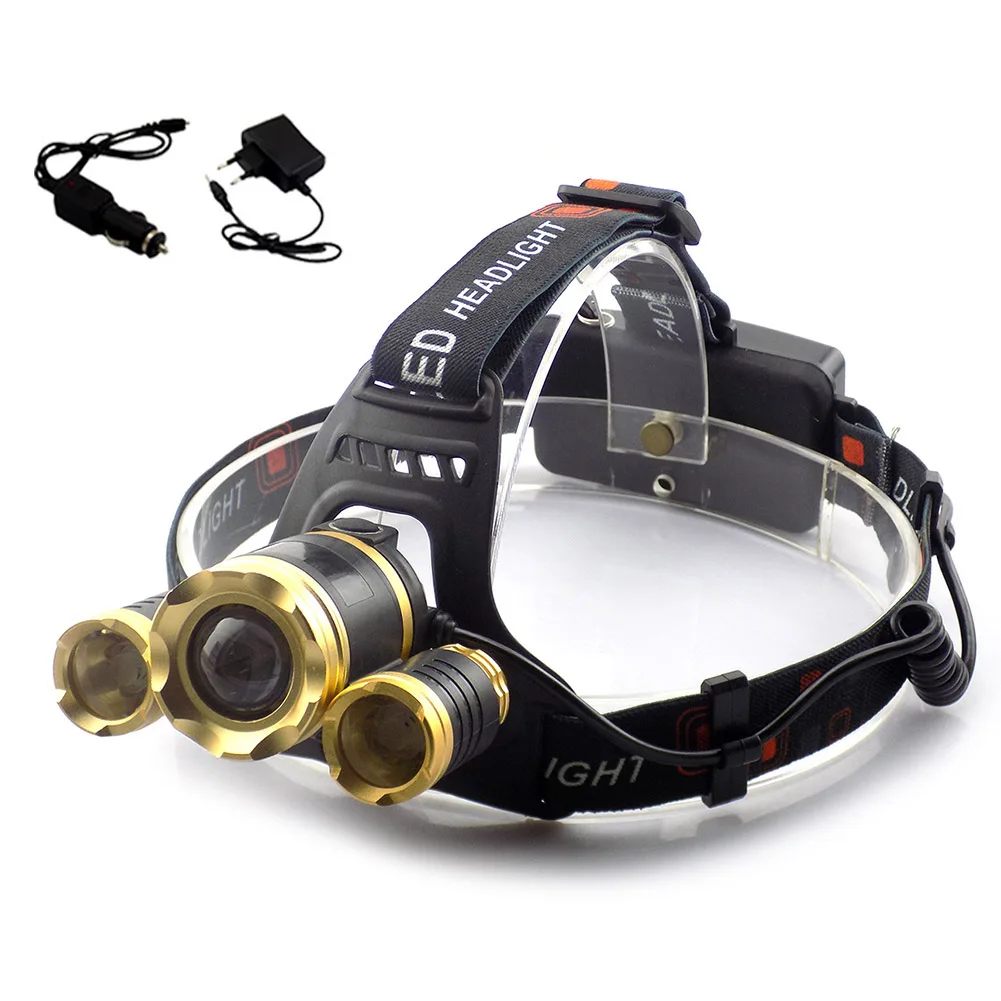 

Powerful LED T6+2R2 Headlamp Zoomable Focus Frontale LED Head Lamp Flashlight Torch Headlight + Car charger + Home charger