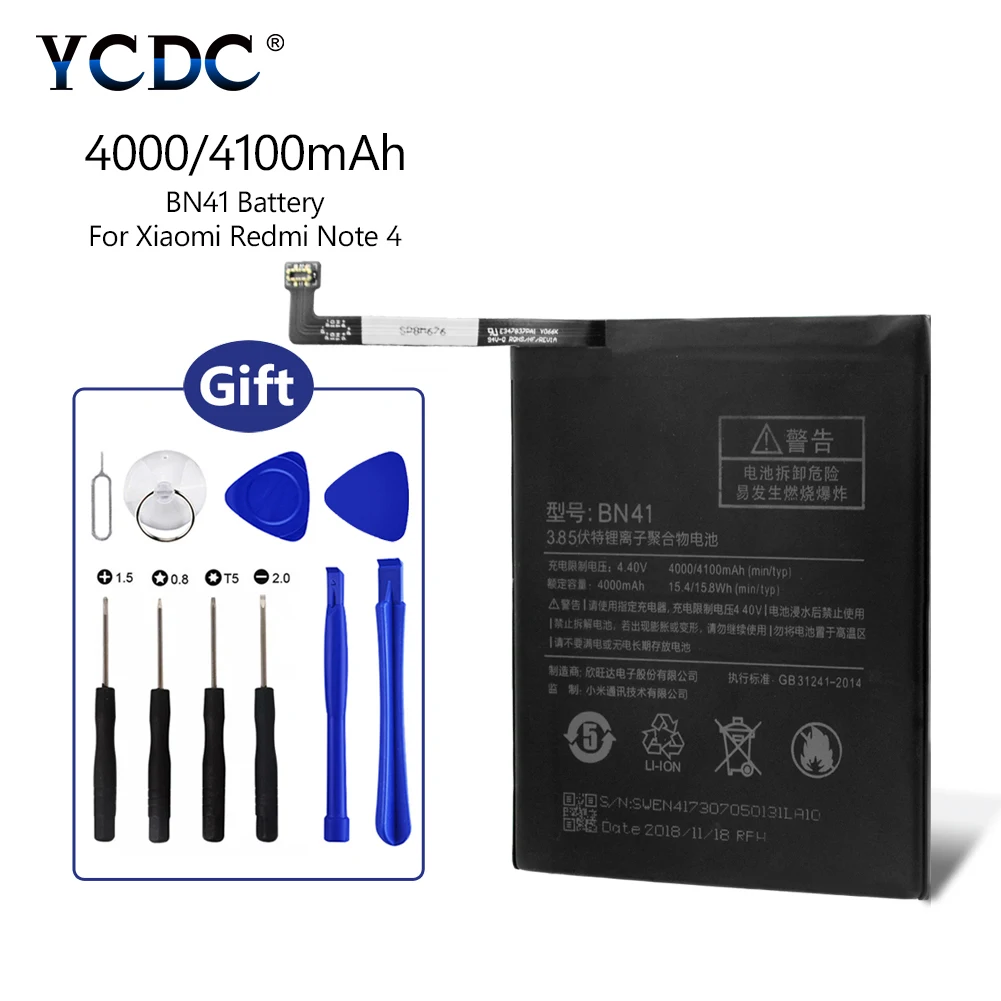 4100mAh аккумулятор BN41 3,85 V для Xiaomi Redmi Note 4 телефон+ набор инструментов для ремонта 4100MAH литиевая аккумуляторная батарея bn41