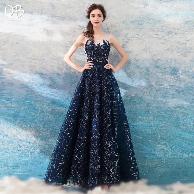 

2020 New Fashion A-line Sequin Tulle Lace Crystal Dark Blue Evening Dresses Long Formal Vintage Evening Gowns XK30