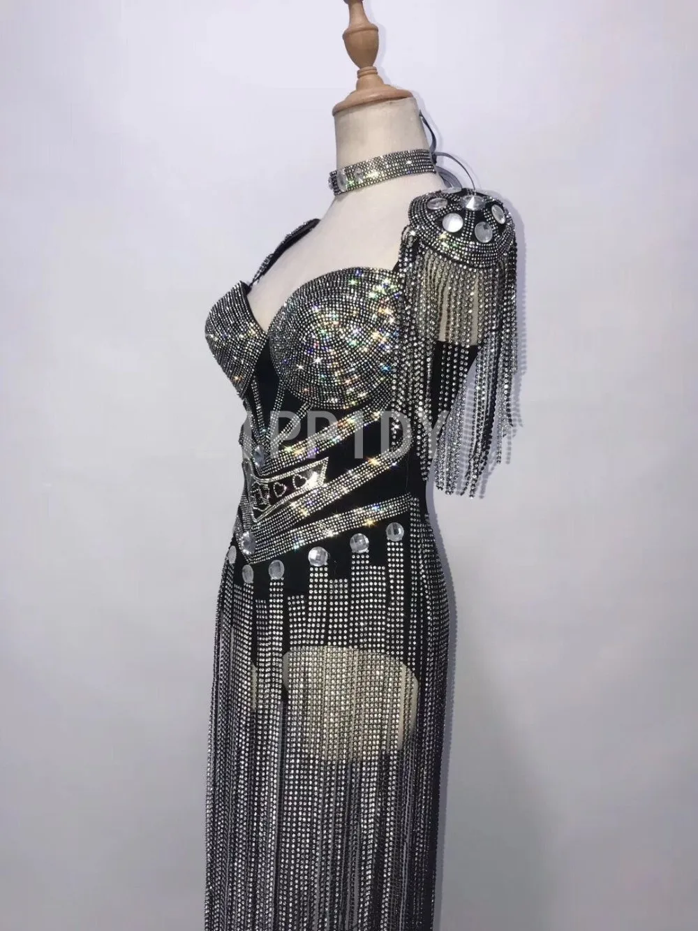 Sparkly Silver Rhinestones Fringes Sleeveless Bodysuit Luxury Stones Long Tassel Leotard Women's Birthday DJ Dance Evening Wear