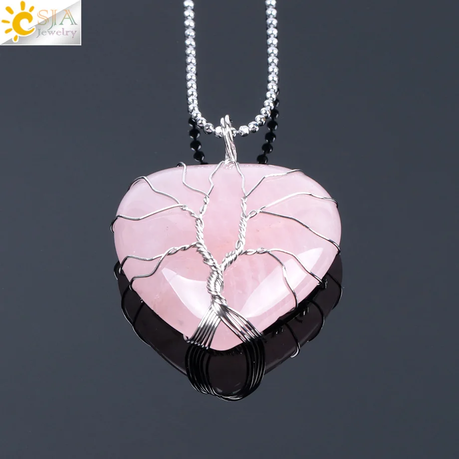 Rose Quartz Chain CSJA "Древо жизни" проволочный обернутый Любовь Сердце ожерелье и подвеска натуральный драгоценный камень тигровый глаз розовый кварц черный оникс F053 - Окраска металла: Rose Quartz Chain