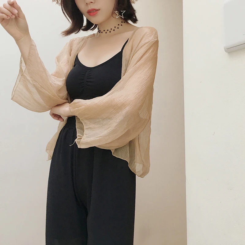 MLXSLKY Солнцезащитная одежда женский короткий кардиган новая Свободная шифоновая