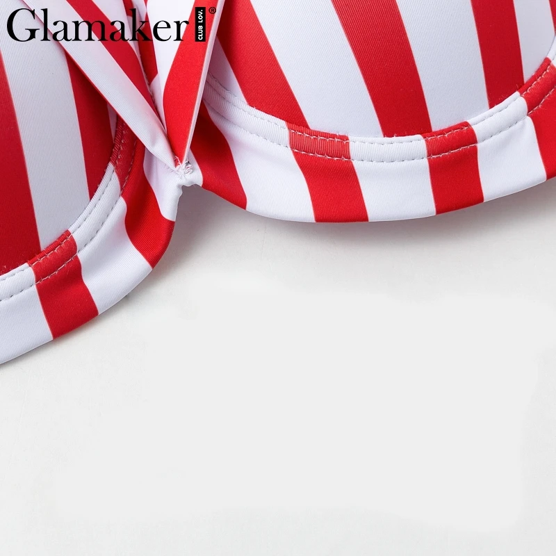 Glamaker, полосатый купальник с открытыми плечами, женский, на шнуровке, купальный костюм, купальник, летний, из двух частей, костюм, сексуальный, высокая талия, пуш-ап, бикини