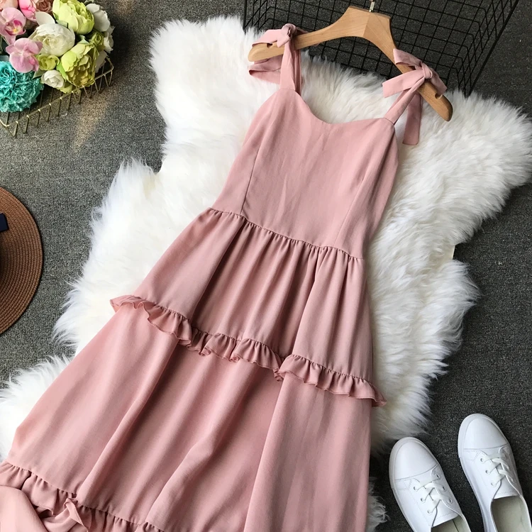 Платье на бретельках с бантом однотонное платье до середины голени в стиле ретро