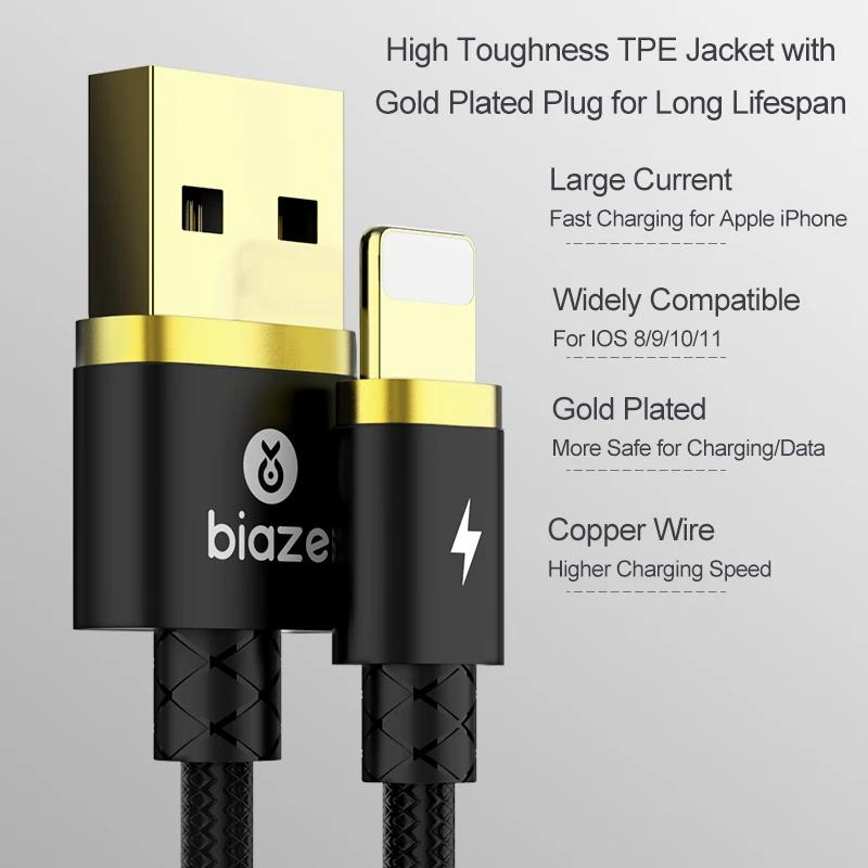 USB кабель Biaze 1,2 м для iPhone X XS MAX XR 8 7 6 5 6s S plus, кабель для быстрой зарядки, зарядное устройство для мобильного телефона, usb-кабель для передачи данных
