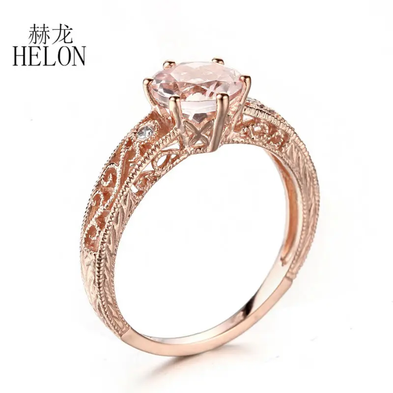 HELON 6.5mm Round Cut 1.37ct Genuine Morganite Solid 14KT Rose Gold Natural Diamond Fine Jewelry Engagement Gemstone Women Ring | Украшения