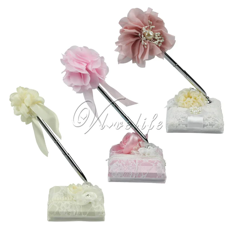 Великолепный свадебный фирменный набор ручек с атласными бантами кружевными