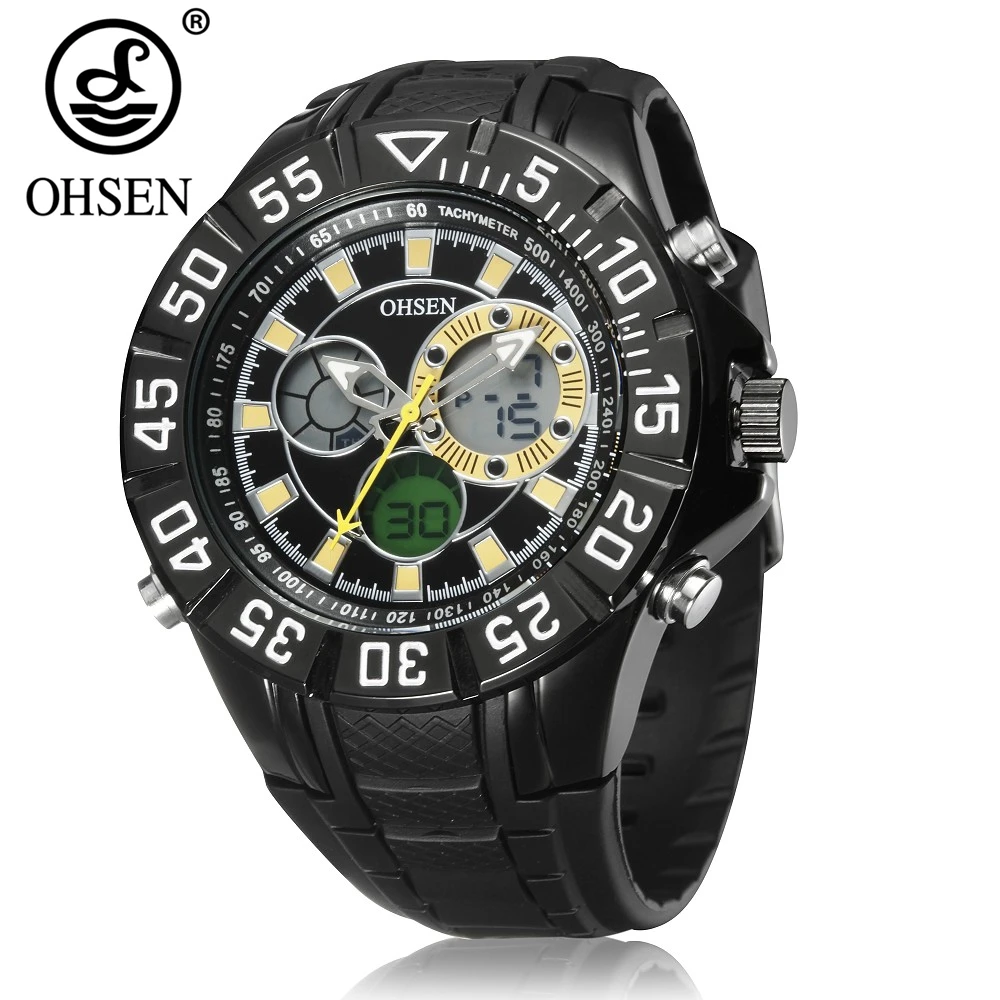 2017 Новый OHSEN цифровой кварц Для мужчин Часы резинкой Желтый Циферблат Открытый