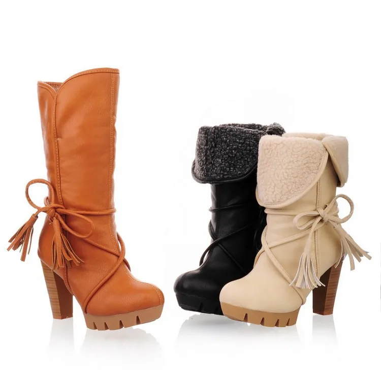 2016 Новый Зимний Элегантный Лакированной Кожи Женские Сапоги на Толстой Подошве