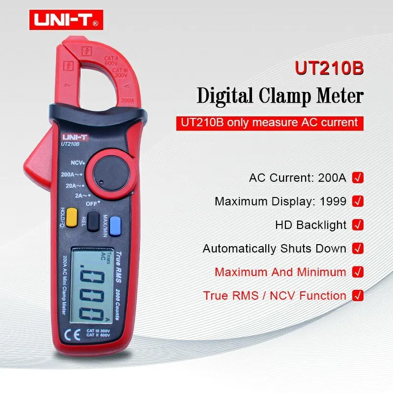 UT210B Цифровой клещи UNI-T UT210A/B/C/D/E AC DC измеритель напряжения тока True RMS мультиметр Емкость Сопротивление частоты тестер - Цвет: UT210B