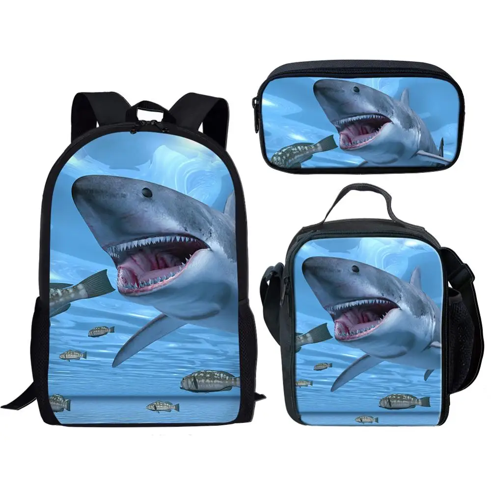 ELVISWORDS 3pcs Great White Shark Print School Bags For Boys Student School Backpack Kids Bag Teenager Satchels Mochila Escolar