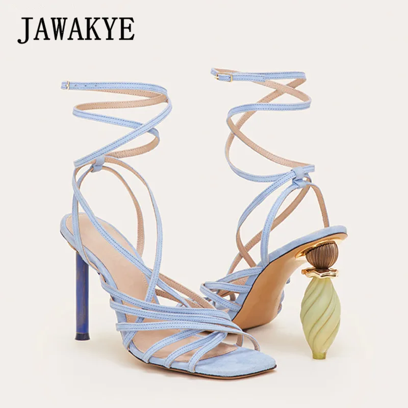 light blue Новые гетеротипические сандалии на шнуровке с бусинами; женская летняя обувь для вечеринок на необычном высоком каблуке; сандалии-гладиаторы на каблуке с ремешками - Цвет: light blue