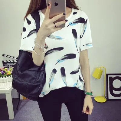 Женская летняя 2019 футболка повседневная с коротким рукавом топы футболки перо