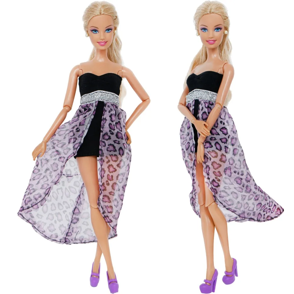 High Quality Dress Wedding Party Wear Skirt Leopard Lace Gown + Purple Heels Shoes Clothes For Barbie Doll Accessories Toys | Игрушки и