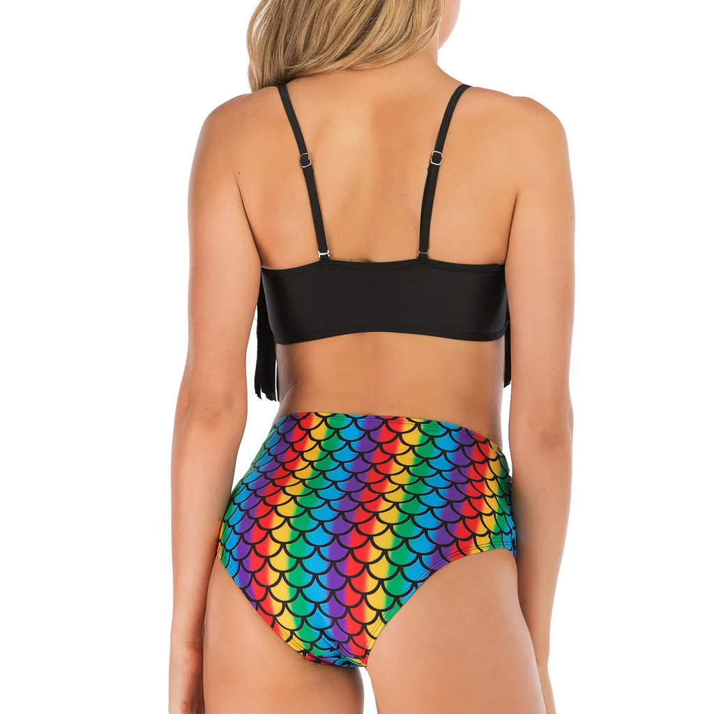 Летний сексуальный купальник с кисточками и принтом рыбьей чешуи женский