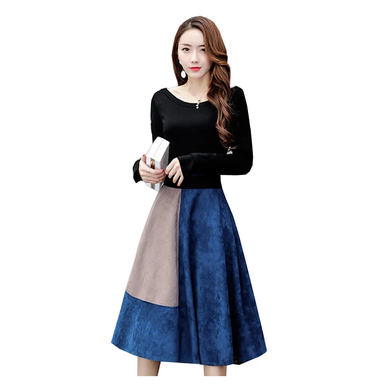 

2017New Fashion Big Yards Women Two-piece Spring Autumn Dress Black Round Neck Long Sleeve Tops+Quality Slim Splicing skirtQ396