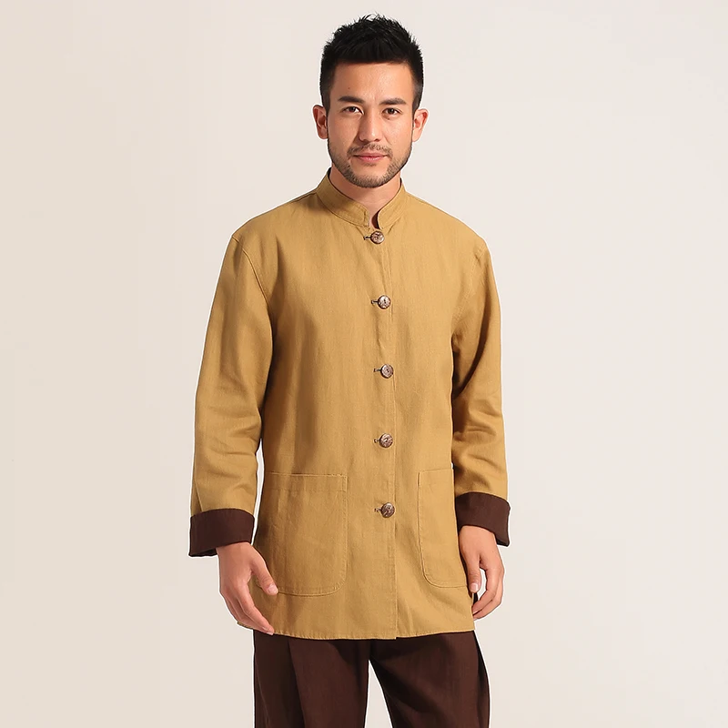 Коричневый желтый двусторонний Китайский Мужской Хлопковый льняной пиджак