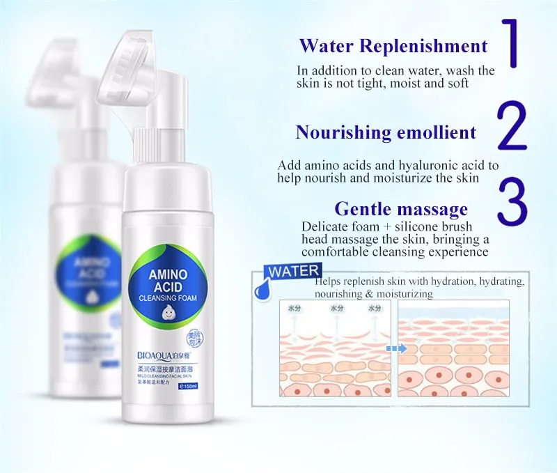BIOAQUA, аминокислота, Очищающая пенка для лица, отшелушивающая очистка пор и влаги, уход за кожей, щетка для мытья, корейская косметика, макияж