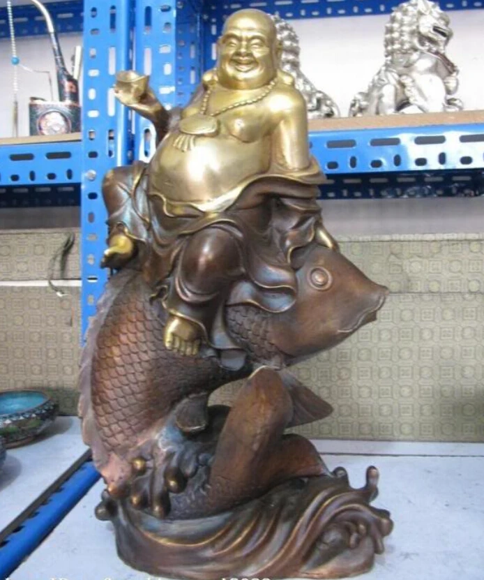 150401 S0650 17&quotChina classic Bronze Copper Lucky Happy Maitreya Buddha Ride on Fish Statue | Дом и сад