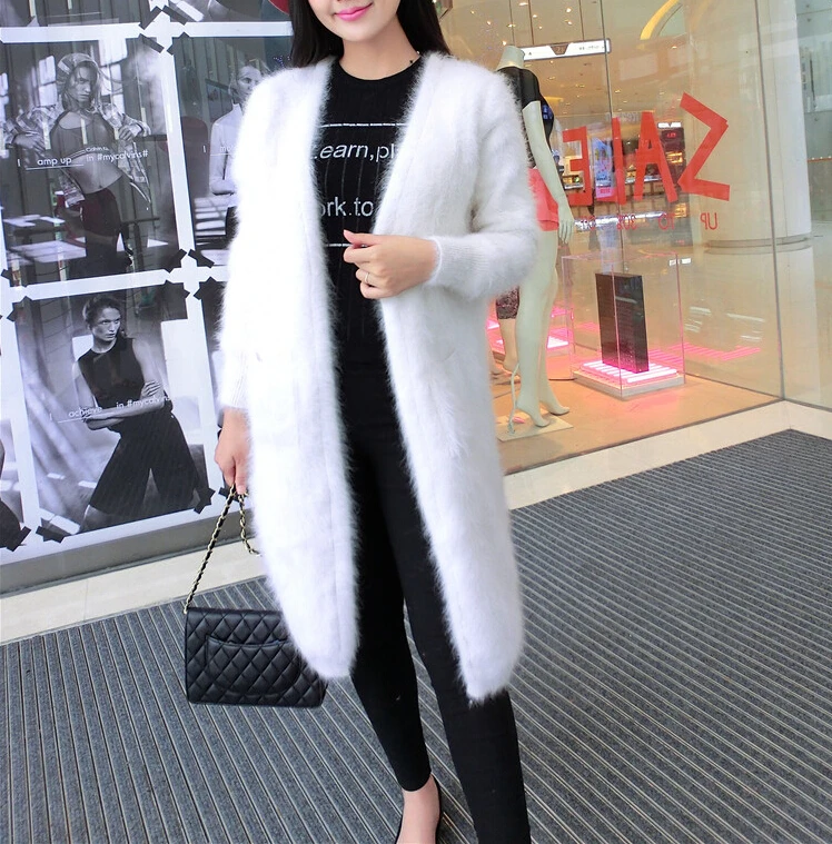 2019 New Arrival Knitted Real Mink Cashmere Long Cardigans Factory Custom OEM Natural Sweater Pocket Coat TBFP942 |