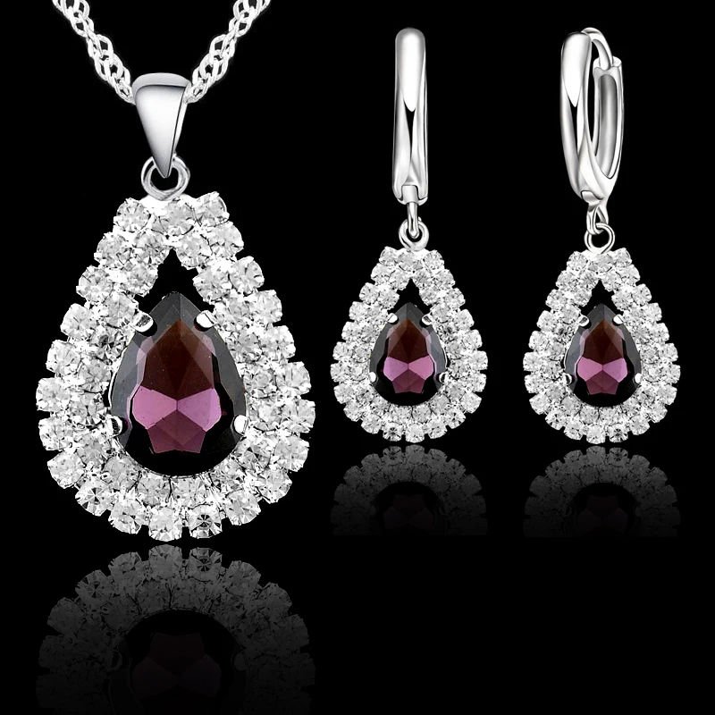 

New Women 925 Sterling Silver Bridal Wedding Jewelry Sets Fine Water Drop Pendants Necklaces Earring Set Accessory