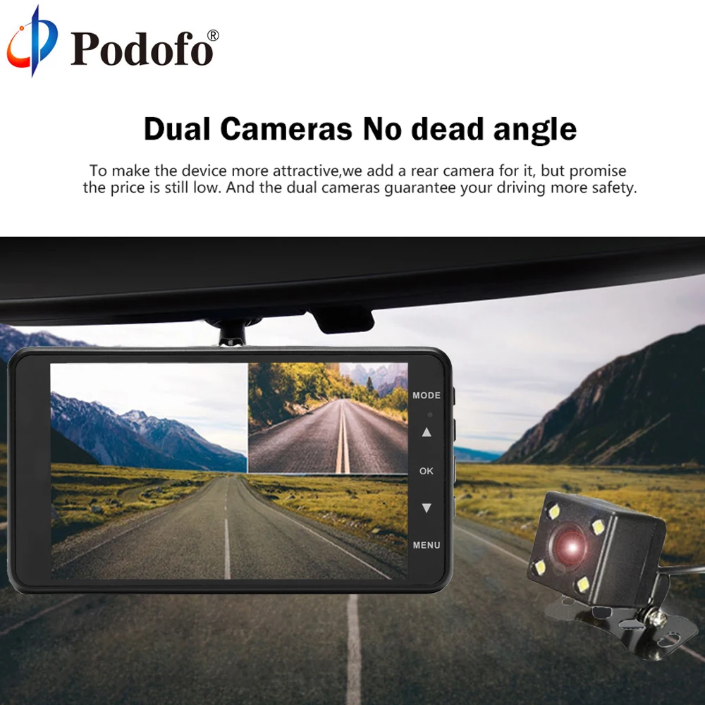 Podofo 4 &quotАвтомобильная DVR камера Full HD 1080P Dashcam двойной объектив регистратор видео g