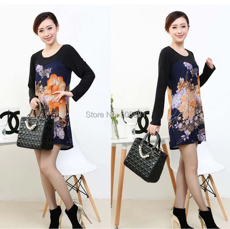 2015 новая зимняя большой Большой размер урожай цветочные печать женщины платье