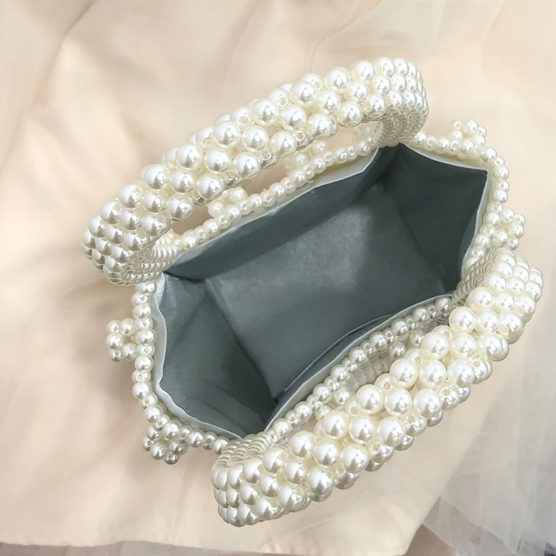 

New Design Luxury Cream Pearl Satin Design Fashion Ladies Bucket Bag Tote Party Handbag Wedding Purse Casual Totes Flap