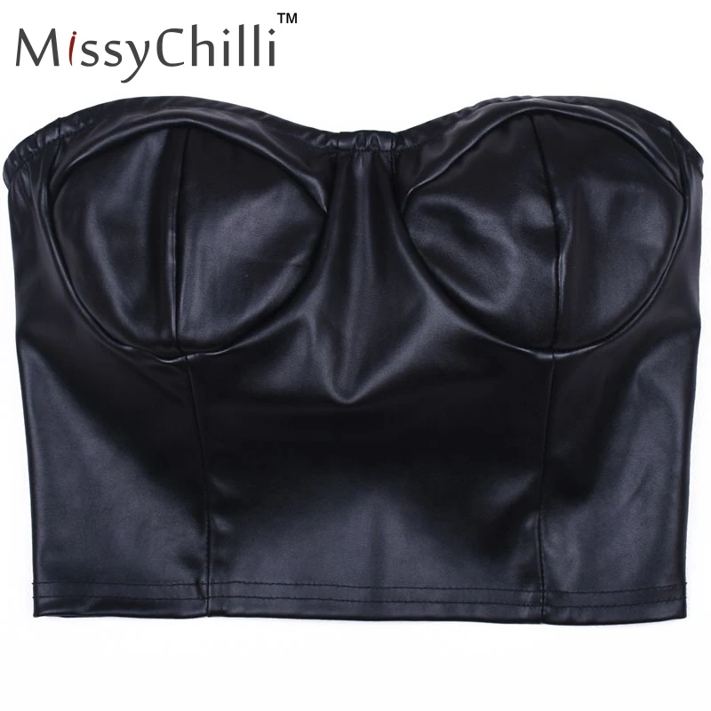 Женский укороченный топ MissyChilli из черной искусственной кожи без бретелек, облегающий уличная майка для девушек, Летние Элегантные Короткие вечерние топы, сексуальный топ